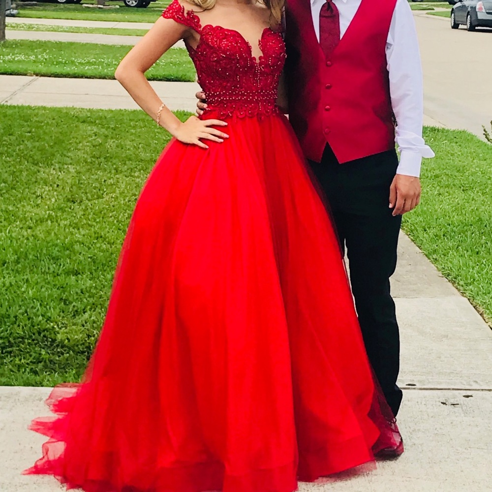 Red Embroidered Bodice Ballgown for Prom